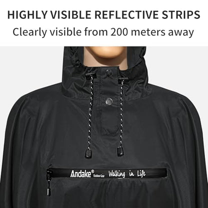 Andake Waterproof Rain Poncho for Adults Unisex,230T Ripstop Polyester,Raincoat Gear with Transparent Viewing Window Outdoors - color: Black