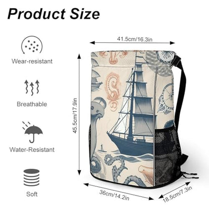 Lighthouse Sailboat Fish Shells Octopus Drawstring Backpack with Wet Pocket - Large Capacity Gym Bag with Shoe Compartment & Mesh Pockets, Adjustable Lightweight Gym Backpack for Swimming, Travel, Wor