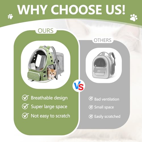 Expandable Cat Backpack Carrier, Breathable Cat Bubble Backpack for Kitty & Small Dog up to 18lbs, Large Space Cat Carrier Backpack, Foldable Airline Approved Carrier for Travel (Green) - color: Expandable Green