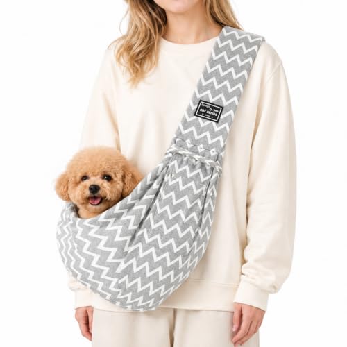 Dog Sling Carrier for Small Dogs and Cats 5–16 lbs, Puppy Carrier Sling with Safety Hook and Storage Pocket, Hands Free Pet Carrier Purse for Travel, Walking, Shopping (Grey Ripple) - color: Grey Ripple