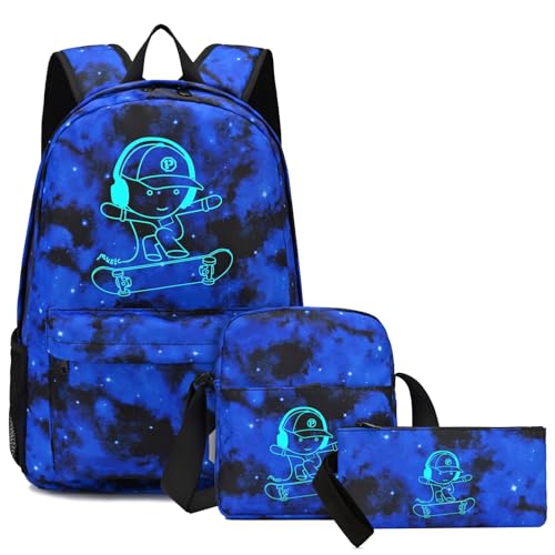 School Backpack for Boys, Elementary Kids Backpack Middle School Bags College Bookbag Travel Daypack for Teen Boys and Girls, Skateboard Anime Luminous Lightweight Laptop Bag - style: Skateboard-blue2