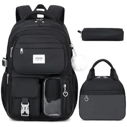ACESAK Backpack for Girls - Girls Backpack with Lunch Bag & Pencil Pouch for Teen Kids Laptop Backpack for Women, Elementary Middle High School Bookbag Travel Daypack (Black) - color: Black