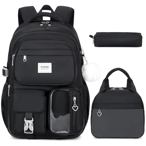 ACESAK Backpack for Girls - Girls Backpack with Lunch Bag & Pencil Pouch for Teen Kids Laptop Backpack for Women, Elementary Middle High School Bookbag Travel Daypack (Black) - color: Black