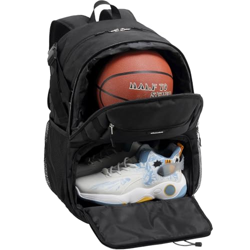Basketball Backpack with Shoe Compartment Large Basketball Bag with Ball Holder for Men Women Gym Backpack fit Volleyball Football for Sports Travel Gym - Black - color: Black