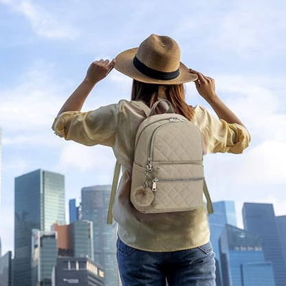 TANTOMI Mini Backpack Purse for Women Lightweight Small Backpack Purse Travel bookbag with Pom - color: Beige