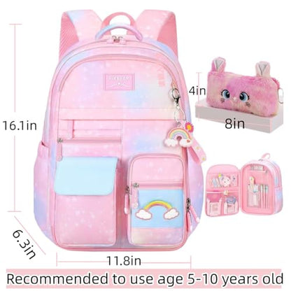 Girls Backpack, School Backpacks Rainbow Student Backpa,Kawaii Kids Backpack,Book Bag for Elementary Primary School - color: Pink