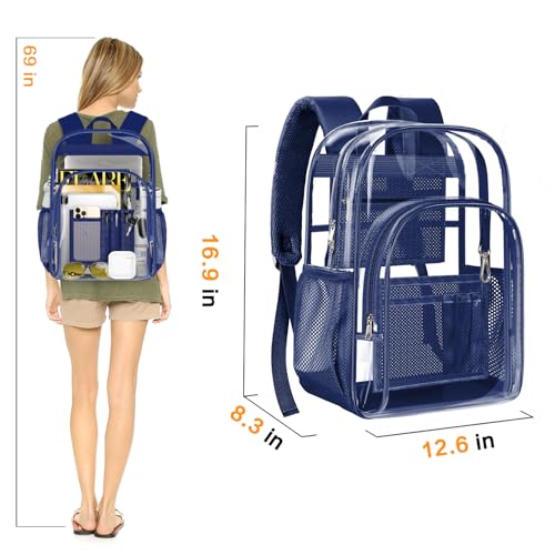 PAMANO Clear Backpack, Heavy Duty Transparent Reinforced Bottom See Through for College, Travel Work Security - color: Navy