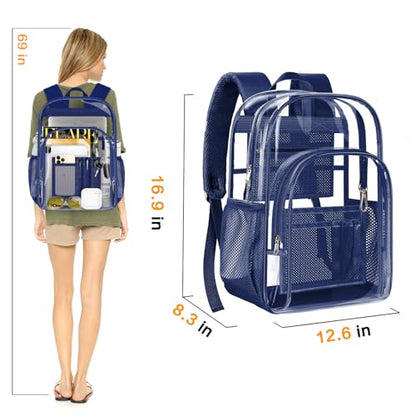 PAMANO Clear Backpack, Heavy Duty Transparent Reinforced Bottom See Through for College, Travel Work Security - color: Navy