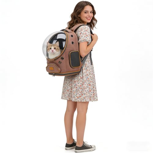 Cat Backpack Carrier, Breathable Cat Carrier Large Space Bubble Pet Backpack for Small Dog and Large cat up to 18lbs, Transparent & Foldable Pet Carrier for Travel Hiking (Brown) - color: Brown
