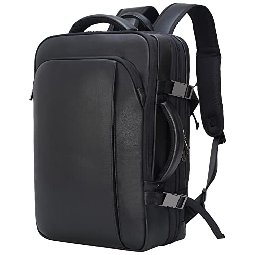 Masa Kawa Leather 15.6 Inch Laptop Backpack for Men Expandable 36L Business Travel Rucksack Daypack Weekender Bag - color: Black