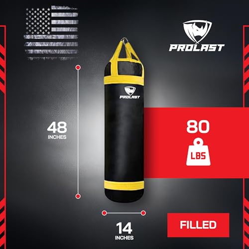 4 ft 80lb Heavy Boxing Punching Bag, Muay Thai, MMA, Strength Training Equipment, Hanging, Rhino Logo, Two Tone - color: Black / Yellow, style: Filled