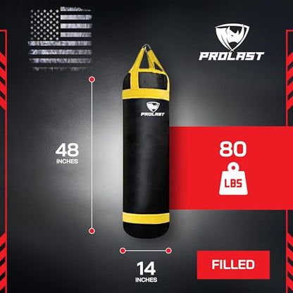 4 ft 80lb Heavy Boxing Punching Bag, Muay Thai, MMA, Strength Training Equipment, Hanging, Rhino Logo, Two Tone - color: Black / Yellow, style: Filled