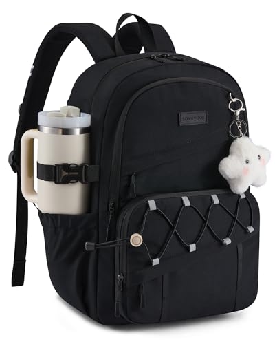LOVEVOOK School Backpack for Teen Girls,Lightweight 15.6"Student Laptop Bag | Cute Kids Bookbag with Water Bottle Holder,Large Capacity College Backpack with Reinforced Bottom Board for School&Daily Use - color: Black, size: Medium
