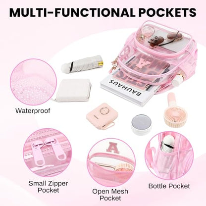 PIG PIG GIRL Clear Backpacks for Stadium Events Approved 12×6×12 Clear Bookbag for Women Mini Transparent Letter Back Pack, Pink, Letter-A - color: Pink, style: A