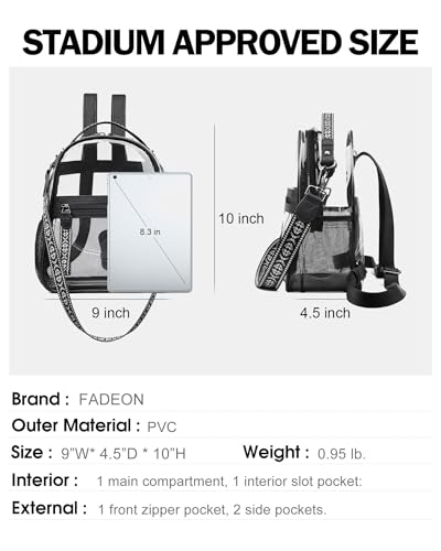 FADEON Clear Small Backpack Purse for Women, Designer Transparent Shoulder Handbag, PVC Mini Clear Bag for Stadium Approved - color: Black Retro Style