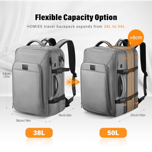 HOMIEE Carry On Luggage 22x14x9 Airline Approved 50L Travel Backpack, Extra Large Expandable Laptop Backpack, Black (Grey) - color: Grey