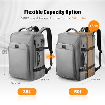 HOMIEE Carry On Luggage 22x14x9 Airline Approved 50L Travel Backpack, Extra Large Expandable Laptop Backpack, Black (Grey) - color: Grey