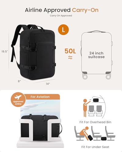 LOVEVOOK 50L Travel Backpack for Women & Men, Airline Approved Carry On Backpack with 3 Packing Cubes, TSA Personal Item Bag, Waterproof Weekender Overnight Backpack Fits 17" Laptop - color: Black, size: X-Large-50L-4Pcs