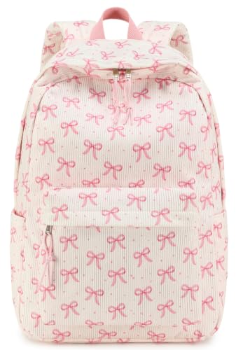 BTOOP School Backpack for Teens Large Corduroy Bookbag Lightweight 15.6 inch Laptop Bag for Girls Women Casual High School College - color: Pink Bow Dot