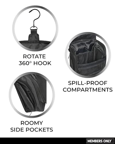 Members Only Hanging Toiletry Bag with Rotating Hook, Black Toiletry Organizer, Bathroom Bag