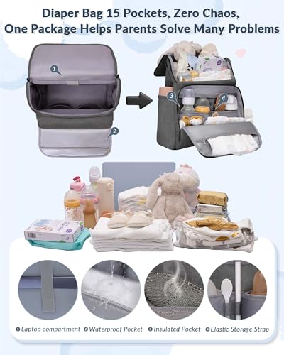 Baby Diaper Bag Backpack, 15 Pockets Newborn Baby Essential Travel bag, Multi Function Water Resistant Tote bag, Balancing Work and Life for Mon and Dad Grey - color: Grey