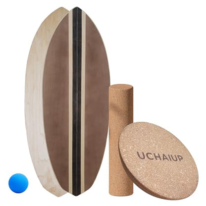 Maple Wood Balance Board with Roller and Half Ball Accessories - Dual-Mode Balance Trainer for Adults, Home Gym & Office Use, Surfboard Shape Design(31.5 x 11.8in) - color: Brown Black