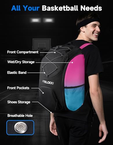 Basketball Backpack Large Sports Bag, Ball Accessories Basketball Equipment Bag with Ball Holder Shoes Compartment - color: Colorful Black