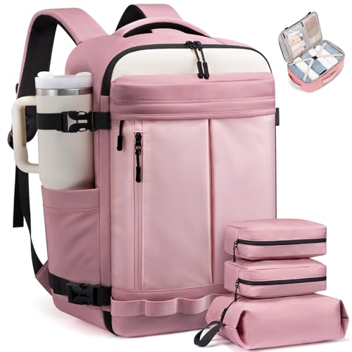LOVEVOOK 40L Travel Backpack for Women, Airline Approved Carry On Luggage with 3 Cubes Accessories, TSA Personal Item Travel Cruise Essentials, Waterproof Weekender Overnight Bags fits 17" Laptop - color: Light Pink-peach Pink-beige, size: 40L 4-Piece Set