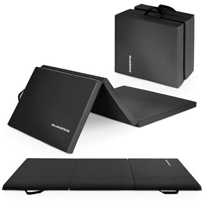 BalanceFrom 6x2 Feet 3-Panel Folding Gymnastics Mat – 2-Inch Thick Pad with Vinyl Surface and Carrying Handles for Tumbling, Yoga, Pilates, Home Workouts, and Martial Arts - color: Black