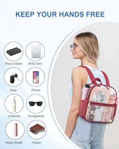 Clear Backpack for Stadium Events, 12x12x6 Small Clear Plastic bag with Reinforced Straps for Game Security Festival Concert - color: Rose Red