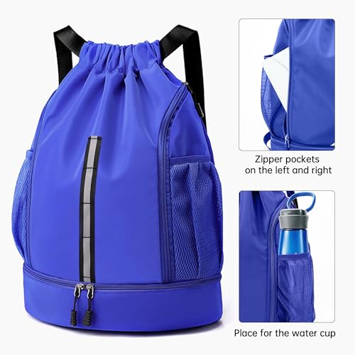 Sport Gym Bag Drawstring Backpack Beach Bag for Men Women with Shoe Compartment and Reflective Strips (Blue) - color: Blue