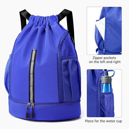 Sport Gym Bag Drawstring Backpack Beach Bag for Men Women with Shoe Compartment and Reflective Strips (Blue) - color: Blue