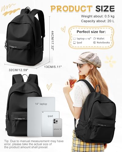 BJLFS Small Black School Backpack for Girls Women Waterproof High School Book Bag Cute Backpack for Men Teens Boys, Lightweight Simple Middle School Back Pack Daypack Gift - color: Black