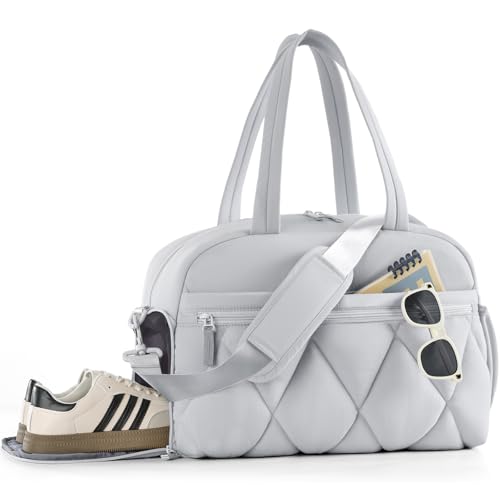 Gym Bag for Women, Puffer Travel Duffle Bag With Shoes Compartment & Wet Pocket, Carry On Tote Bag For Weekender, Overnight, Sport duffel bags for traveling (Grey, Medium) - color: Grey, size: Medium