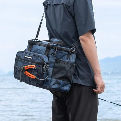 KastKing BaitSpace Fishing Tackle Bag With 4 Tackle Boxes & Removable Bait Binder, Water-Resistant Tackle Storage, Durable Fishing Gear, Adjustable Shoulder Strap - color: C: Blue Camo, size: Medium - 4*3600 Trays