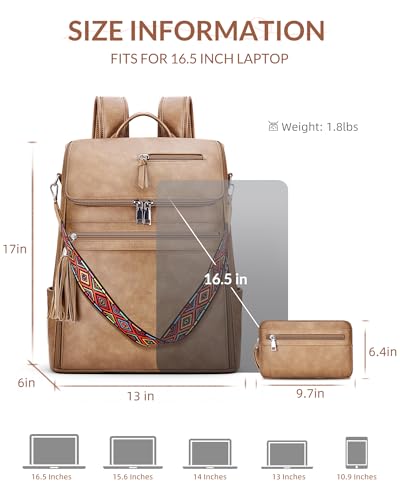 SYTRAH Leather Laptop Backpack for Women Designer Laptop Bag, 16.5 inch Travel Computer Backpacks Purse with Tassel for Work Business with Satchel Purse Camel Brown - color: Camel Brown