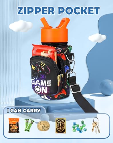 Miss Adola Water Bottle Carrier with Strap - Insulated Kids Water Bottle Holder for Boys Girls Bottle Bag for 10-18Oz - color: Black Game On