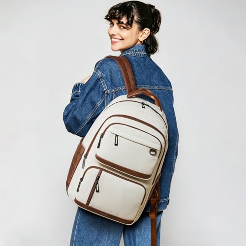 LATMAP Vegan Leather Backpack 17Inch Laptop Backpack for Women Travel Beige | Large capacity, laptop compartment, water-resistant, easy to wipe clean, TSA-friendly, with luggage strap & pickpocket-proof - color: Beige W/ Brown Trim