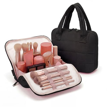 Wandering Nature Standing Makeup Bag for Travel, Portable Fold-down Cosmetic Organizer, Puffer Open Make Up Pouch with Handle & Divider & Brush Holder, Easy Clean Toiletry Bag with EVA Lining - color: A2: Black
