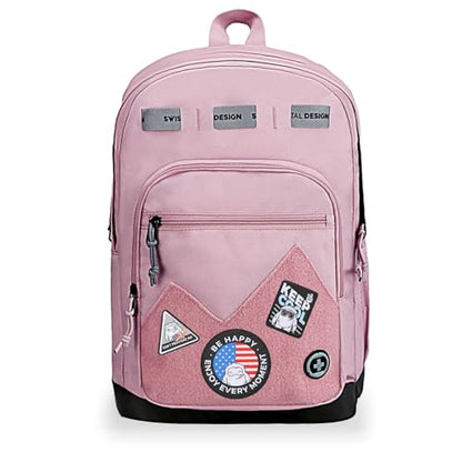 Swissdigital Design Big Student Laptop Backpack with Fun Personalized Patches For College Boy & Girl, Middle High School Teen Bookbag Cool Travel Daypack Pink -Includes 3 Patches | SD1718-81 - color: Pale Pink