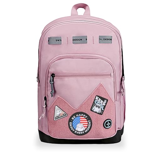 Swissdigital Design Big Student Laptop Backpack with Fun Personalized Patches For College Boy & Girl, Middle High School Teen Bookbag Cool Travel Daypack Pink -Includes 3 Patches | SD1718-81 - color: Pale Pink
