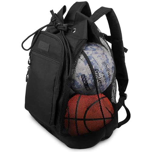 Fitdom Heavy Duty Small Mesh Equipment Ball Bag w/Adjustable Backpack Shoulder Strap Design for Coach. 3 Different Size Compartments. Perfect for Soccer Football Volleyball Basketball & Water Sports