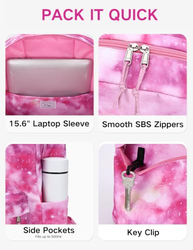 Kasqo School Backpack for Teen Girls Boys, 17.3L Lightweight Bookbag - color: Pink Galaxy