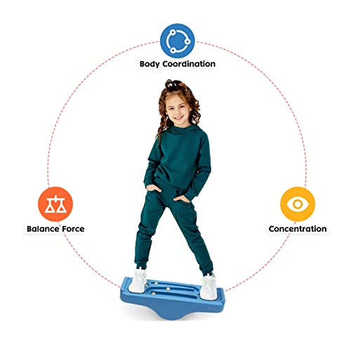 Kids Rocking Seesaw Balance Board with 5 Wooden Balls Sensory Training Rocking Board Balance Training Equipment Children Indoor Outdoor Activity Toy (Blue) - color: Blue