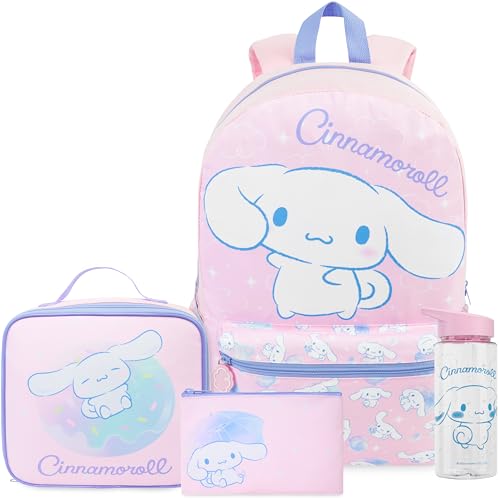 Get Trend Cinnamoroll Girls Backpack, Lunch Bag, Pencil Case, Water Bottle | Sanrio 4 Pc Set, 18in Bookbag, Insulated Lunch Bag, Pencil Pouch & 16.9 fl oz BPA-Free Water Bottle, School, Gifts for Girls - color: Multi Cinnamoroll