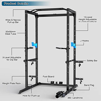 ULTRA FUEGO Power Cage, Multi-Functional Power Rack with J-Hooks, Dip Handles, Landmine Attachment and Optional Cable Pulley System for Home Gym - size: Power Cage Only