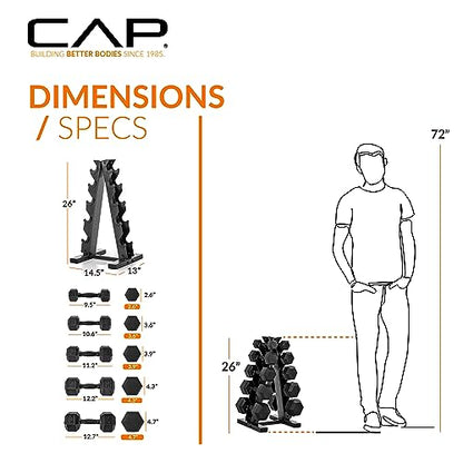 CAP Rubber Coated Hex Dumbbell Set with Storage Rack | 100–210 lb Options, Space-Saving Vertical Compact Storage for Home Gym Strength Training - size: 150 lb - Set, style: Black Handle