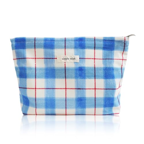 Wudygirl Makeup Bag Canvas Cosmetic Bag for Women Aesthetic Makeup Organizer Travel Makeup Pouch Toiletry Bag Pouches for Purse Cute Zipper Pouch Handbag (Blue White Line) - color: BLWH Line