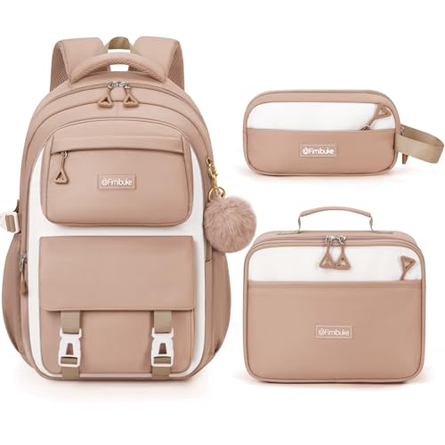 Fimibuke Backpacks for Girls, 3 PCS Waterproof School Backpack with Lunch Box & Pencil Pouch for Kids Teen Girl, Cute Bookbag School Bag for Elementary Middle High School Student Ages 6+(Khaki) - color: Khaki