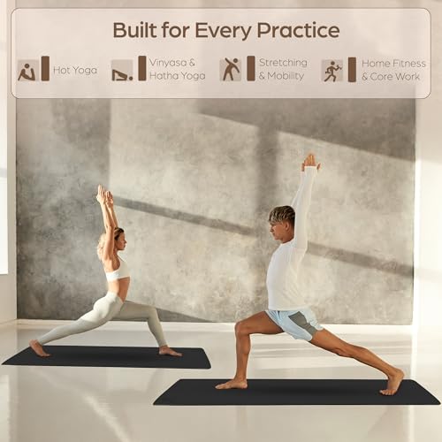 ORW Non Slip Hot Yoga Mat with Carrying Strap - Grip Surface & Natural Rubber Base, REACH Tested, Home & Studio Practice - color: Black PU Rubber Mat 72x26